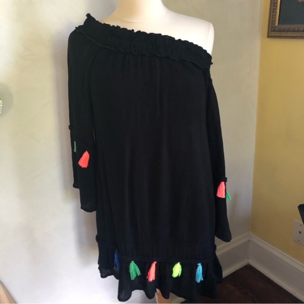True Destiny beach, bohemian summer black off the shoulder tassel dress